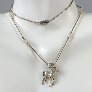 Vintage Sterling Silver Barrel Beads Sterling Horse Pendant 16" Long